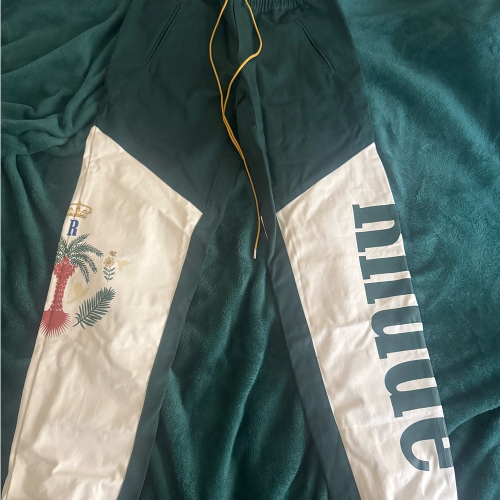 Green and White Track Pants with Embroidery